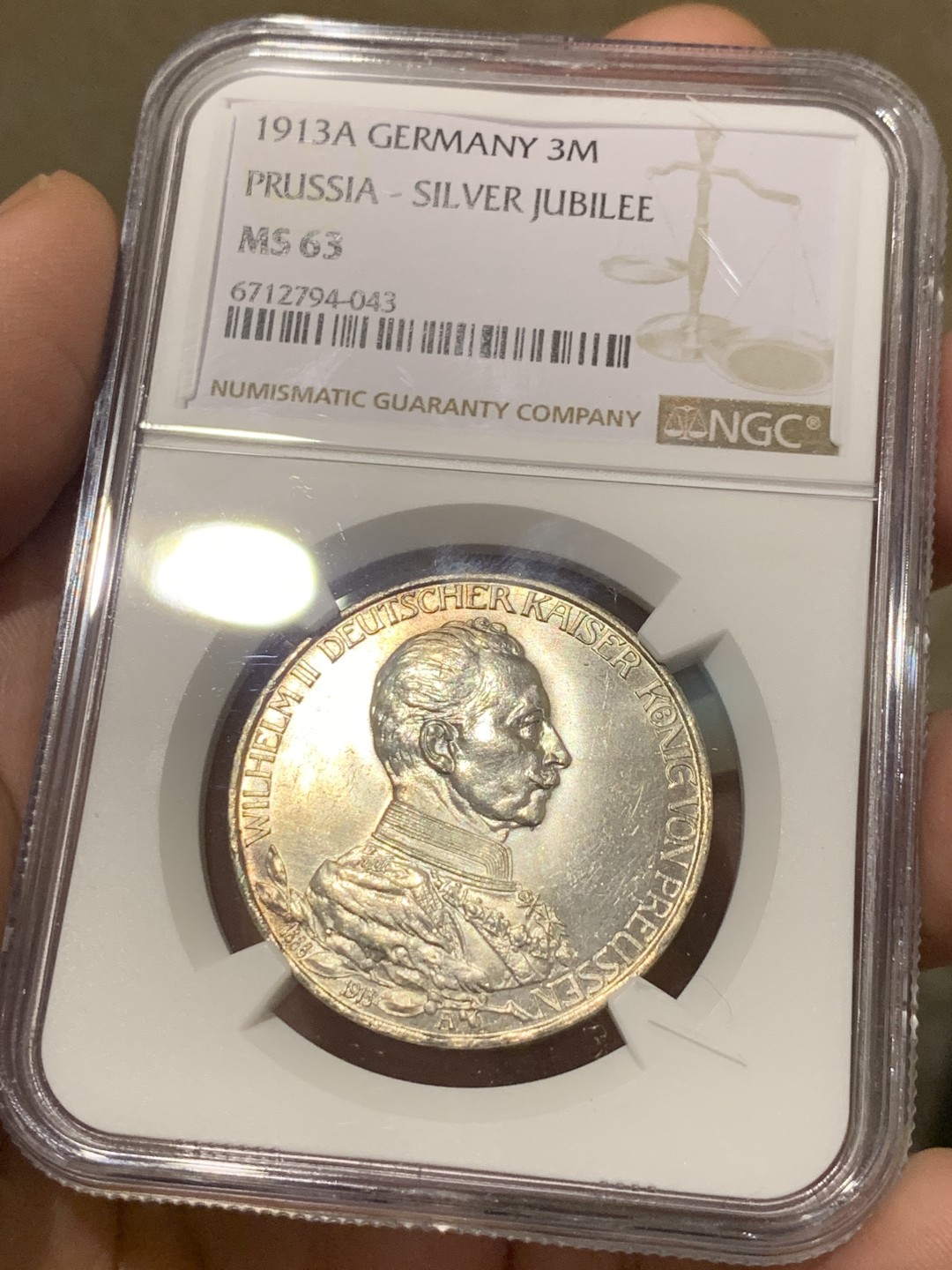 《竞宝斋》第135场-周日，周一连拍 (全场包邮) NGC-MS63 德国普鲁士1913年威廉二世在位25周年纪念3马克银币