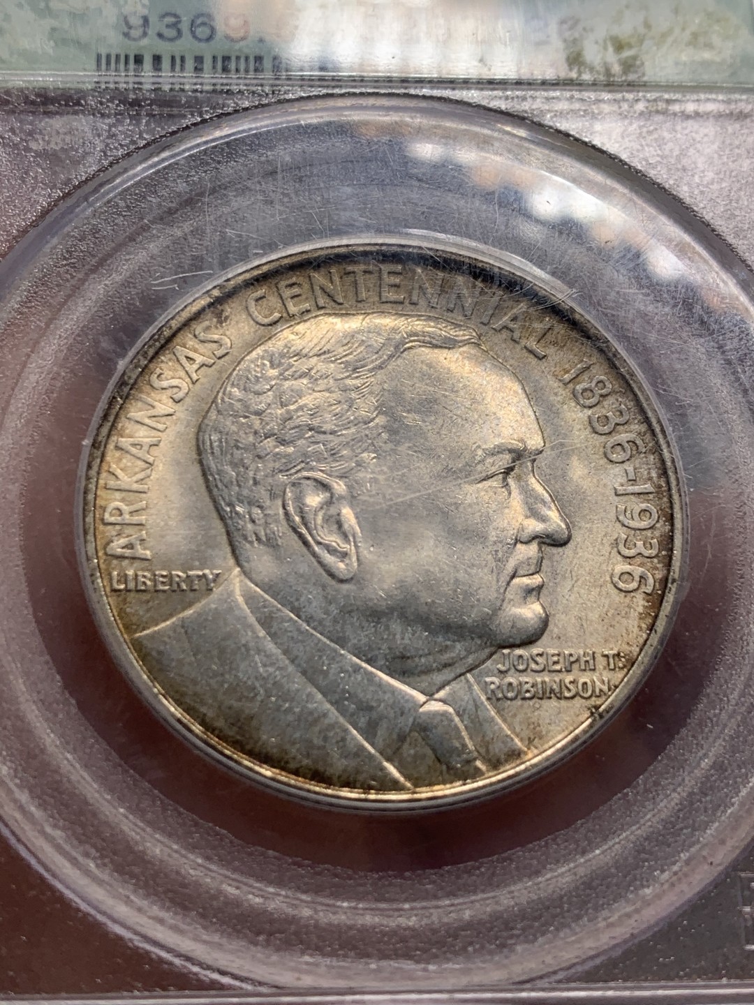 《竞宝斋》第135场-周日，周一连拍 (全场包邮) PCGS MS64 美国 1936年 阿肯色州 约瑟夫·T·罗宾森半圆纪念银币 P盒老绿盒 淡彩 严评 第108场PC64分白币1760元成交（不含佣）