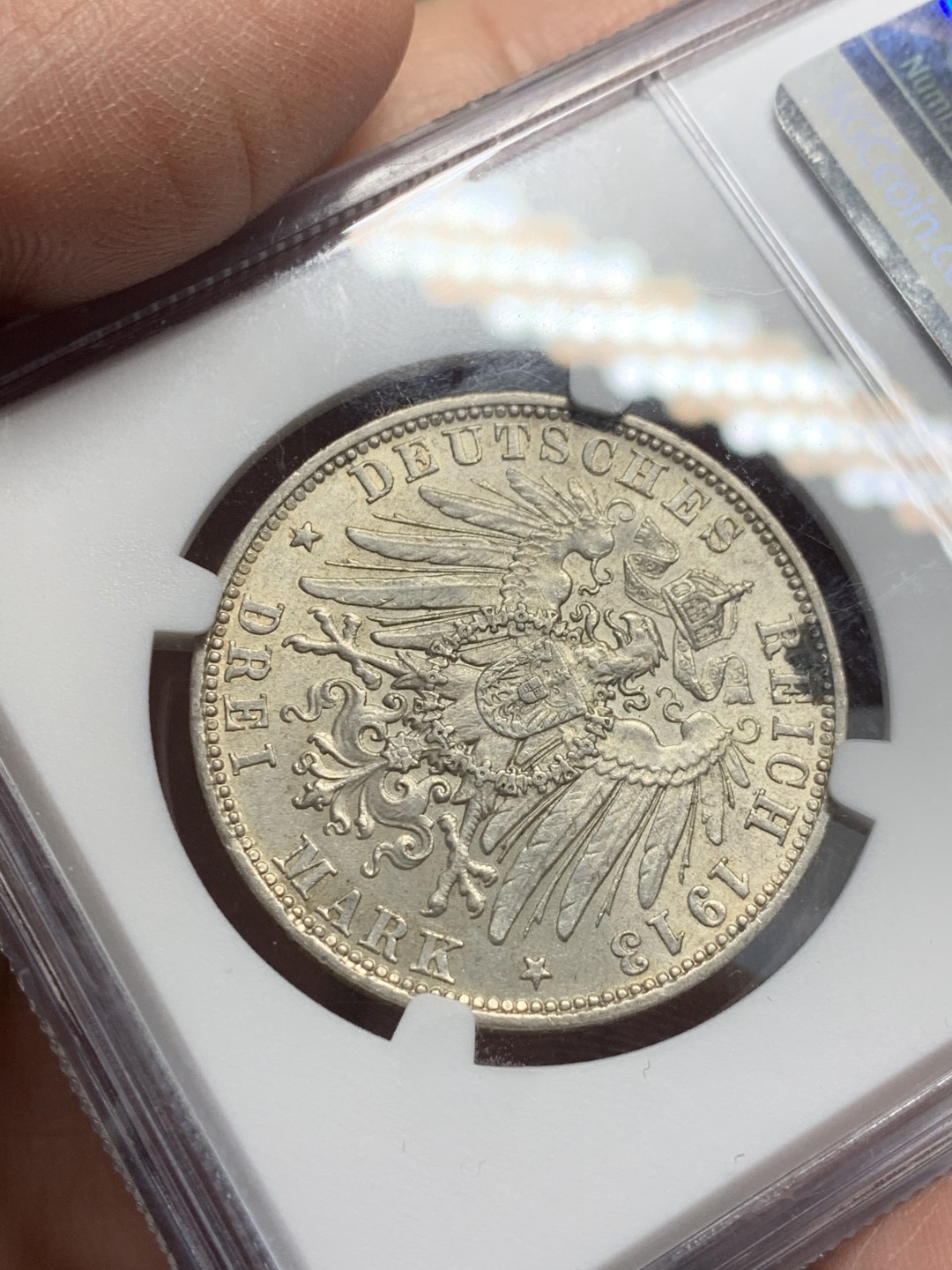 《竞宝斋》第135场-周日，周一连拍 (全场包邮) NGC MS63 德国 巴伐利亚 1913年 三马克 奥托 银币 漂亮 细节好