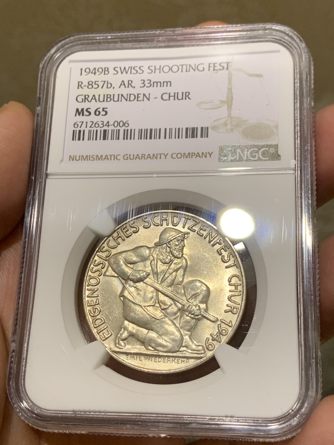 《竞宝斋》第135场-周日，周一连拍 (全场包邮) NGC-MS65 瑞士1949年射击节纪念银章 少见品种