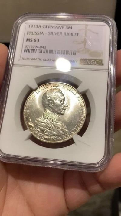 《竞宝斋》第135场-周日，周一连拍 (全场包邮) NGC-MS63 德国普鲁士1913年威廉二世在位25周年纪念3马克银币