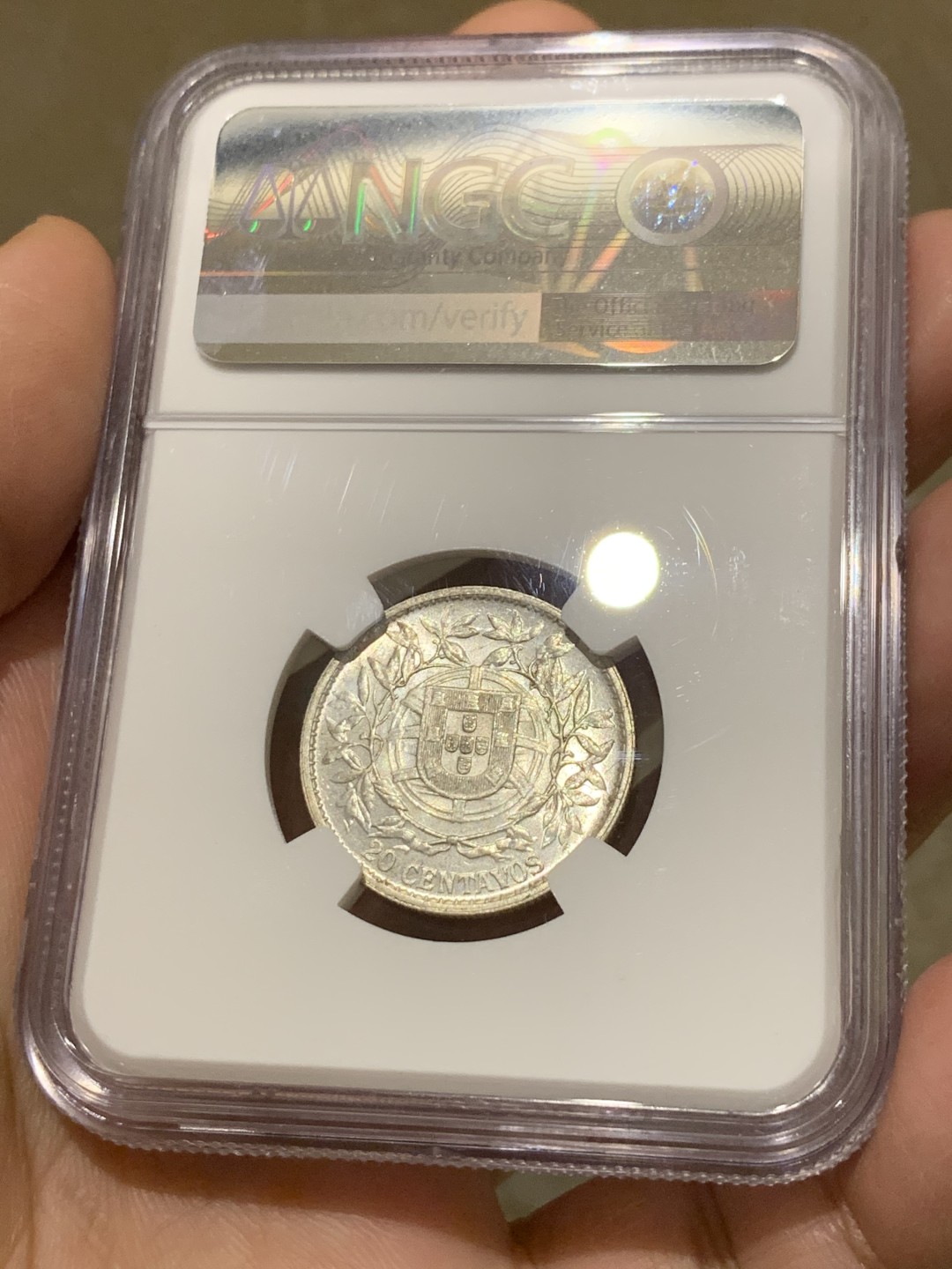 《竞宝斋》第135场-周日，周一连拍 (全场包邮) NGC-MS62 葡萄牙1916年 自由女神20分银币 顶级原光 系列里最稀少的面值