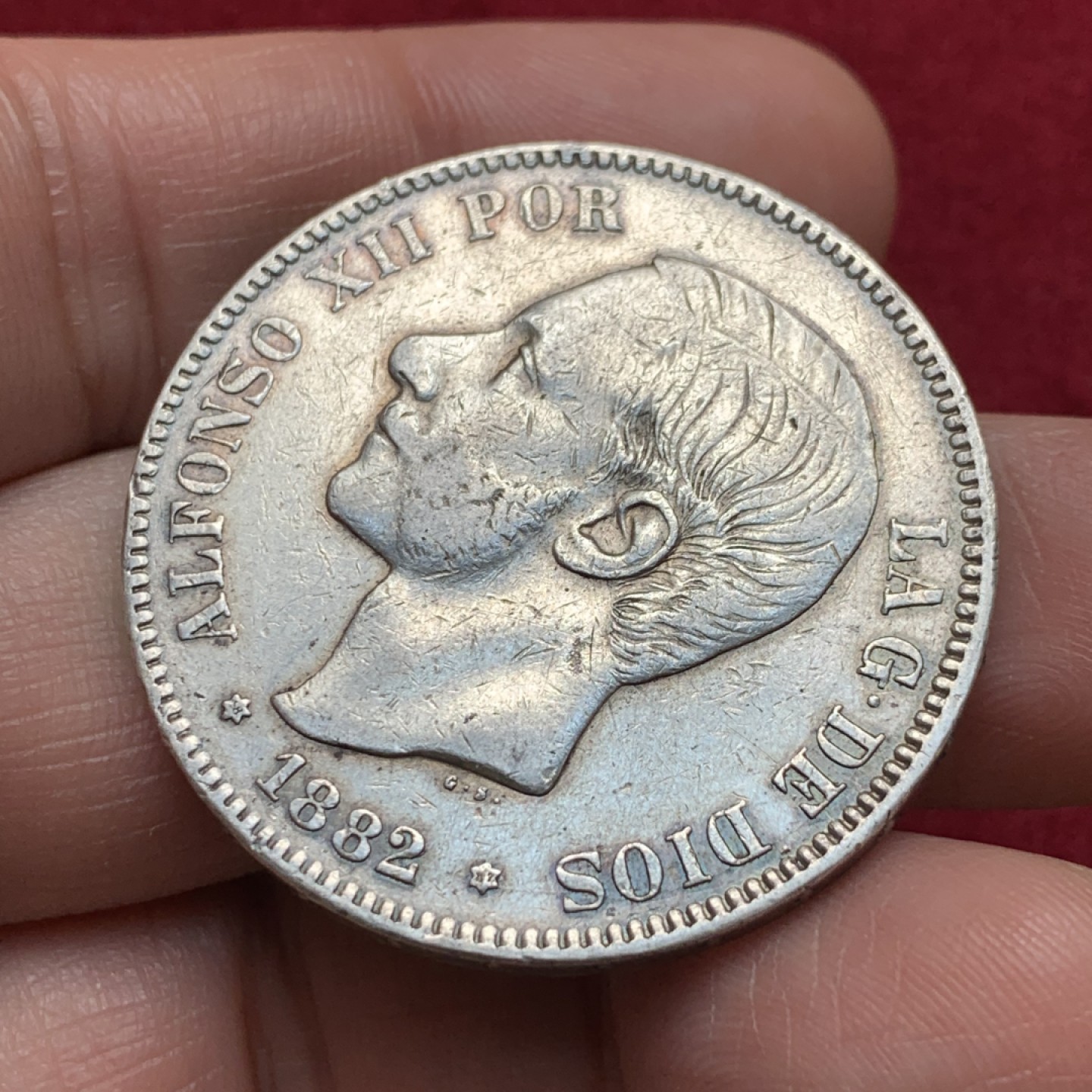 《竞宝斋》第135场-周日，周一连拍 (全场包邮) 西班牙1882年 阿方索十二世 青年版 5比塞塔 银币