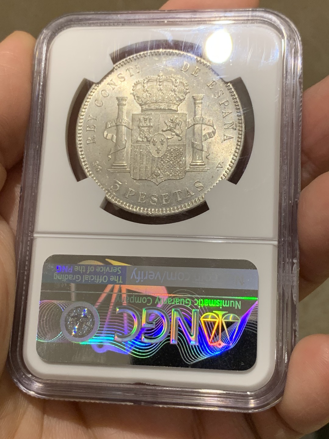 《竞宝斋》第135场-周日，周一连拍 (全场包邮) NGC MS63 西班牙 1898年 阿方索十三世 5 比塞塔 银币 十字车轮光 极美