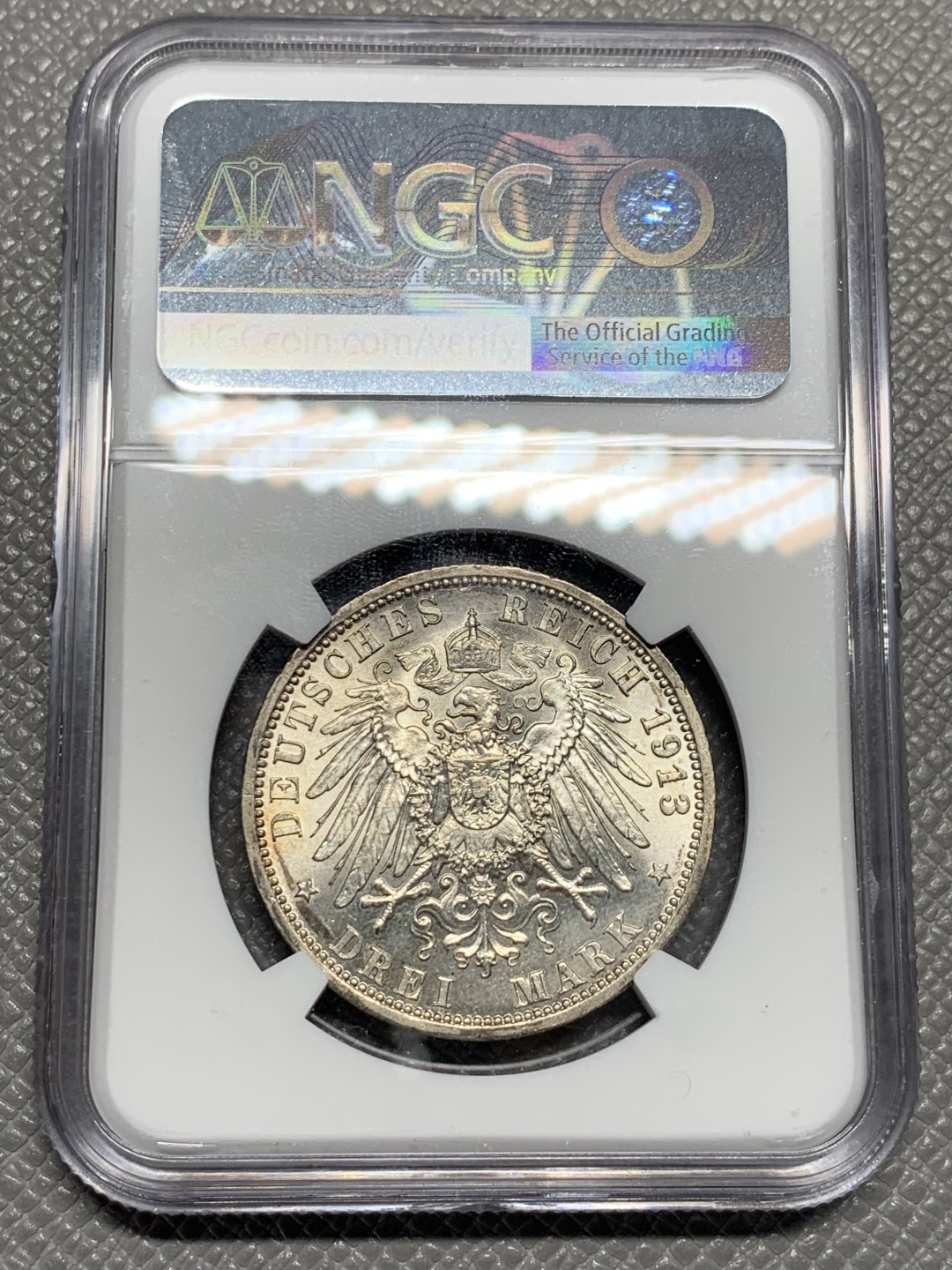 《竞宝斋》第135场-周日，周一连拍 (全场包邮) NGC-MS63 德国普鲁士1913年威廉二世在位25周年纪念3马克银币