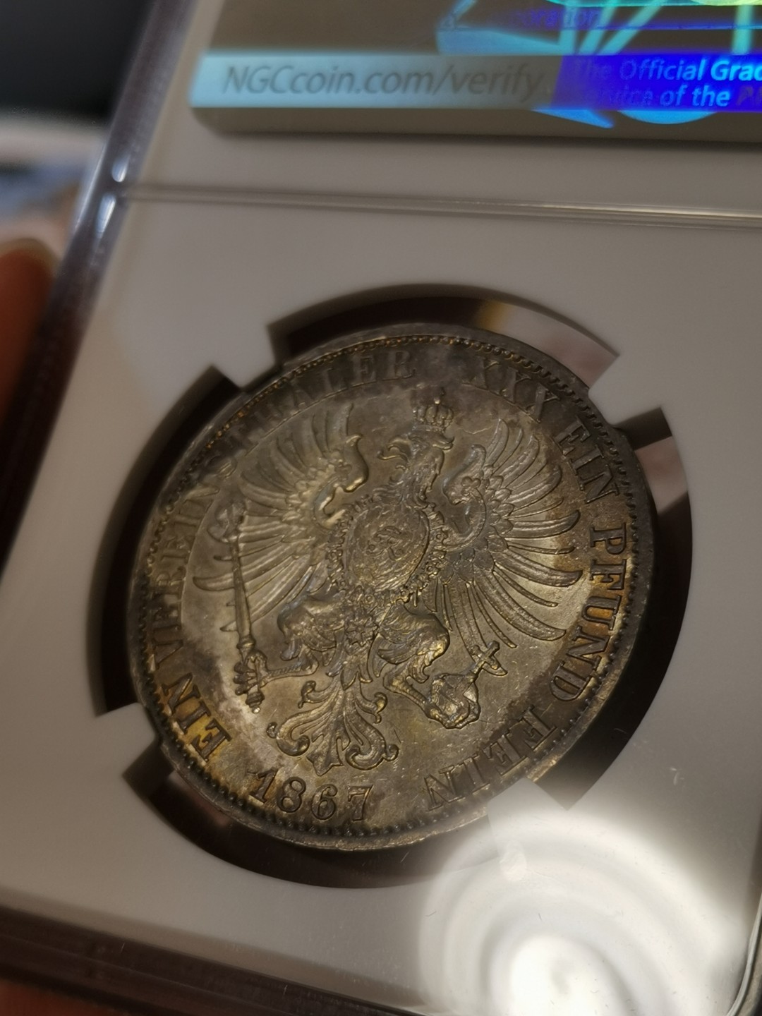橡树集藏-006场 海纳百川 ngc-Ms62 1867年普鲁士威廉一世泰勒  正面炫彩包浆 背面斑驳彩鹰 评级数量稀少 实物状态极佳 相当漂亮