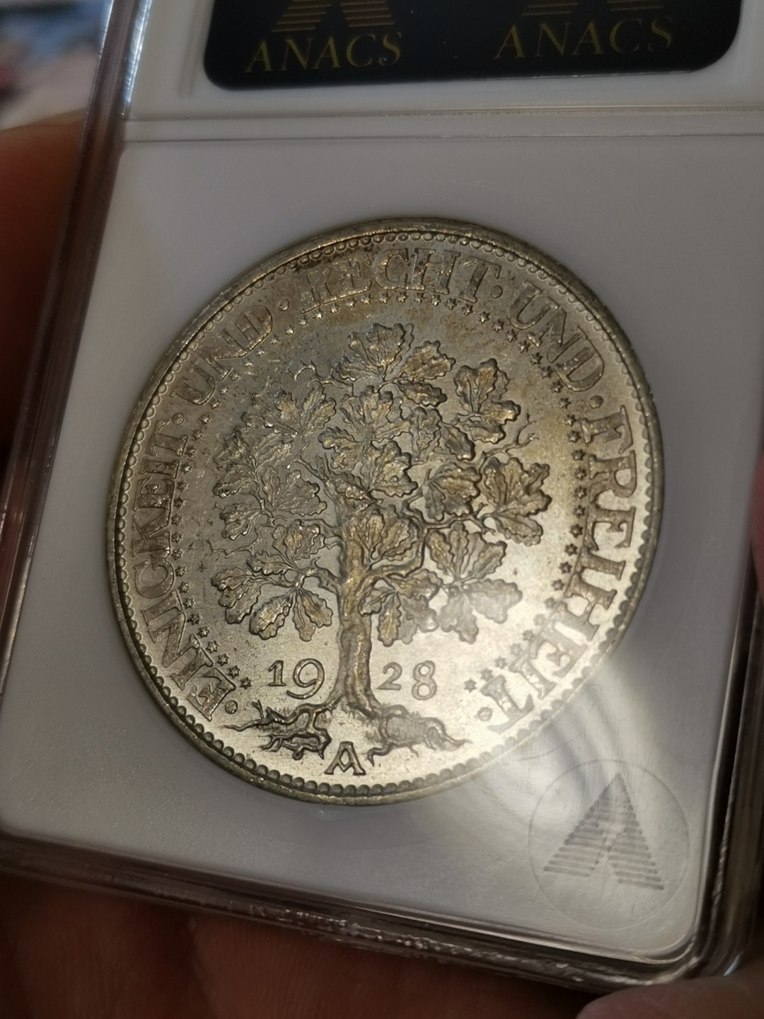 橡树集藏-006场 海纳百川 anacs-Ms64 1928年德国橡树5马克 柏林厂 淡金彩高分好状态 丝滑强霜光 底板打制极佳 绝版稀有小白盒 品质保证 送np复评往往有惊喜 市面几乎见不到小白盒德系主币 错过后悔 盈掌可握 把玩非常舒服 Zippo大小 视觉效果极佳 可堪自藏