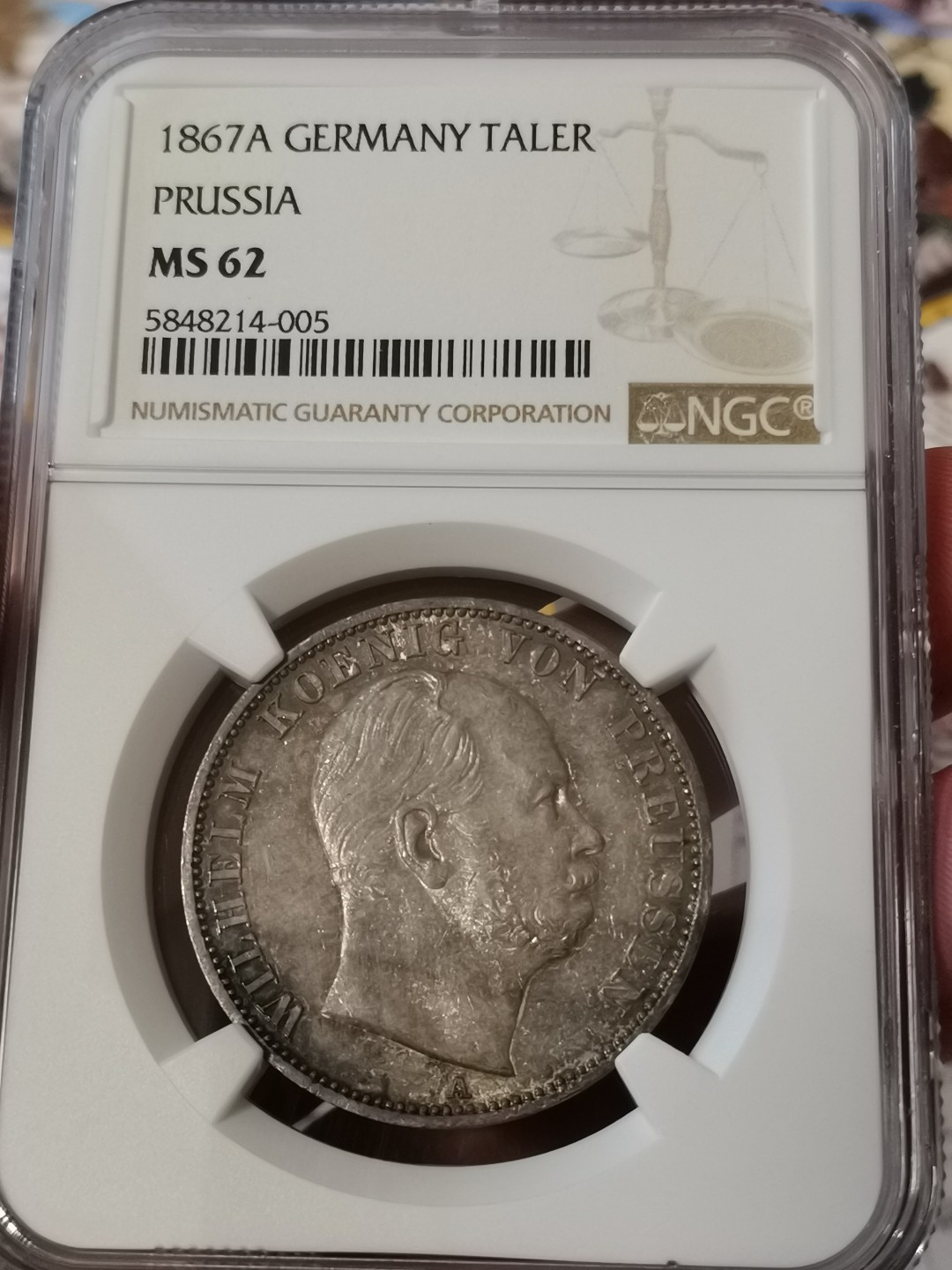 橡树集藏-006场 海纳百川 ngc-Ms62 1867年普鲁士威廉一世泰勒  正面炫彩包浆 背面斑驳彩鹰 评级数量稀少 实物状态极佳 相当漂亮