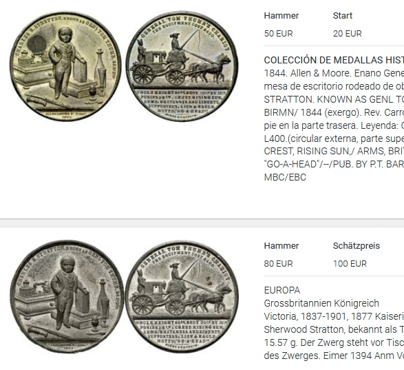 欧洲章牌第7期 1844年英国侏儒汤姆·拇指将军，白金属38.5mm。