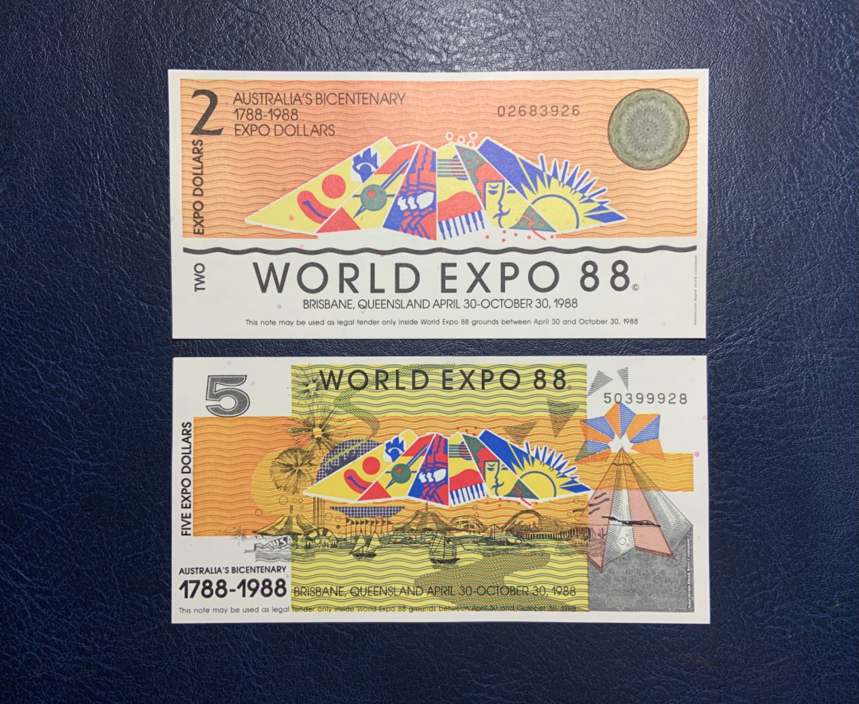 收藏联盟Quantum Auction 第233期拍卖 澳大利亚1988年2和5元布里斯班世博会代金券 品相全新UNC 正面雕刻