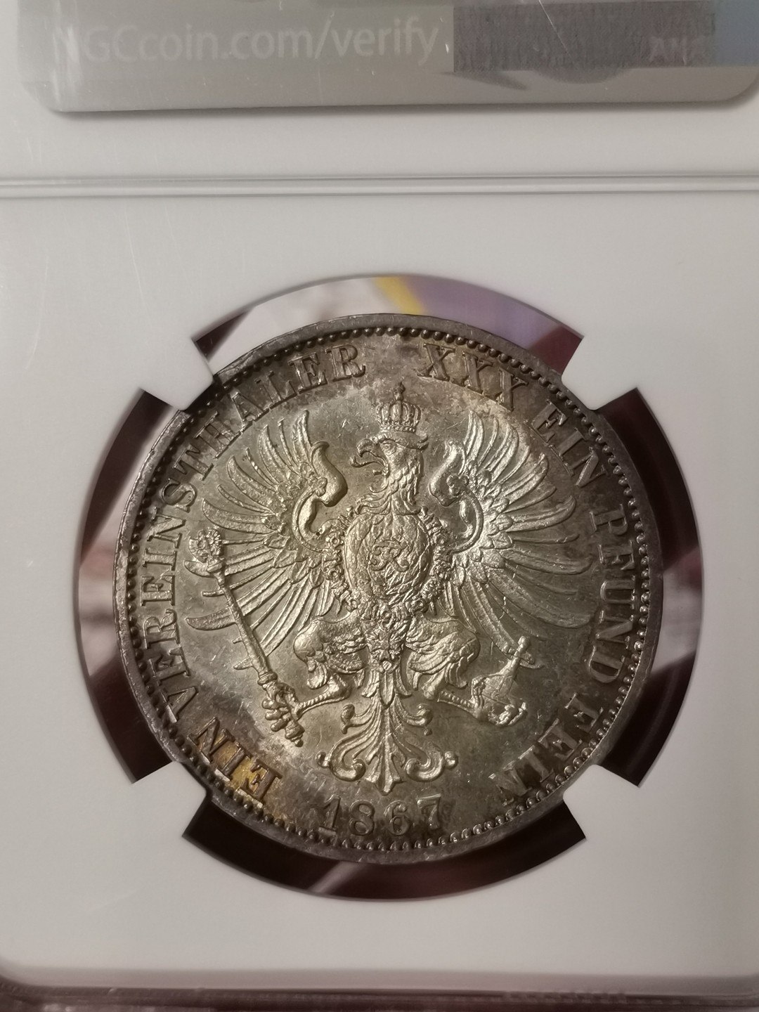 橡树集藏-006场 海纳百川 ngc-Ms62 1867年普鲁士威廉一世泰勒  正面炫彩包浆 背面斑驳彩鹰 评级数量稀少 实物状态极佳 相当漂亮