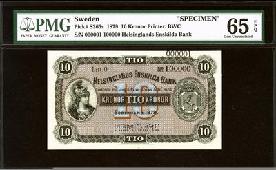 【Blue Auction】✨世界纸币精拍第292期——周六畅拍场【精】 - 【唯一冠军分非常少见】瑞典 早期 1879年10克朗 BWC出品 雅典娜雕刻非常出彩 PMG65EPQ 绝品样钞 