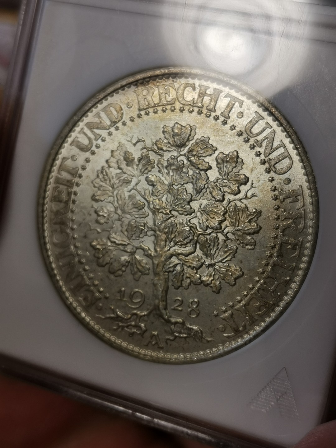 橡树集藏-006场 海纳百川 anacs-Ms64 1928年德国橡树5马克 柏林厂 淡金彩高分好状态 丝滑强霜光 底板打制极佳 绝版稀有小白盒 品质保证 送np复评往往有惊喜 市面几乎见不到小白盒德系主币 错过后悔 盈掌可握 把玩非常舒服 Zippo大小 视觉效果极佳 可堪自藏