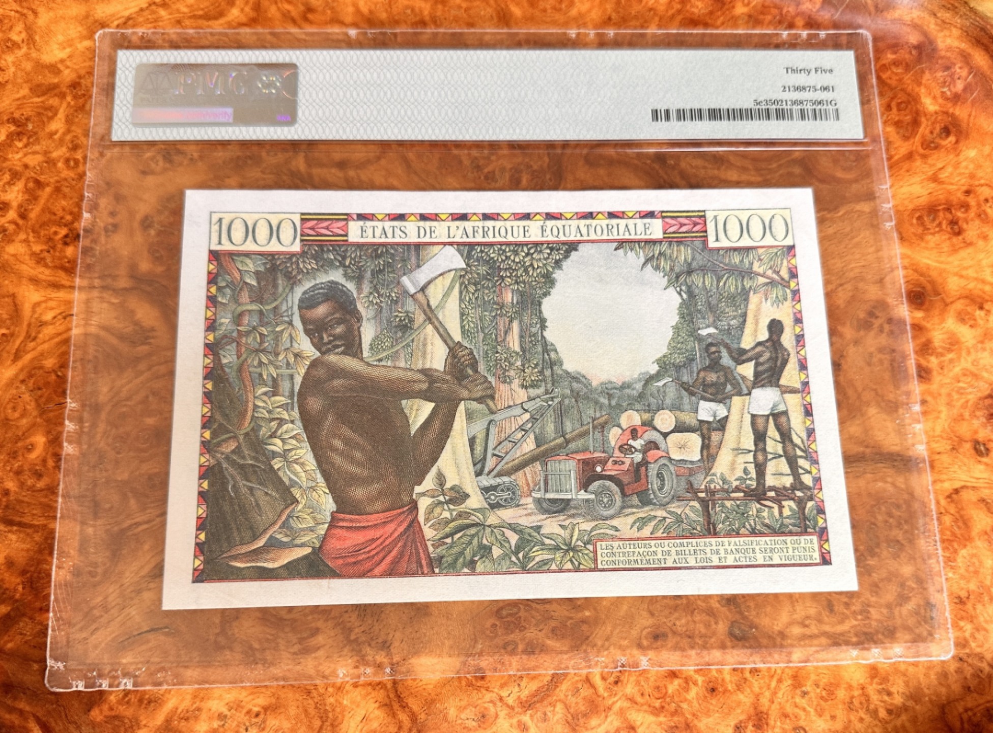 Chase Auction 第17期 - - 外钞、民国钞和人民币混合场！（临时有事，推迟到20号） 1963年赤道非洲1000法郎，PMG35，名誉品砍木头！