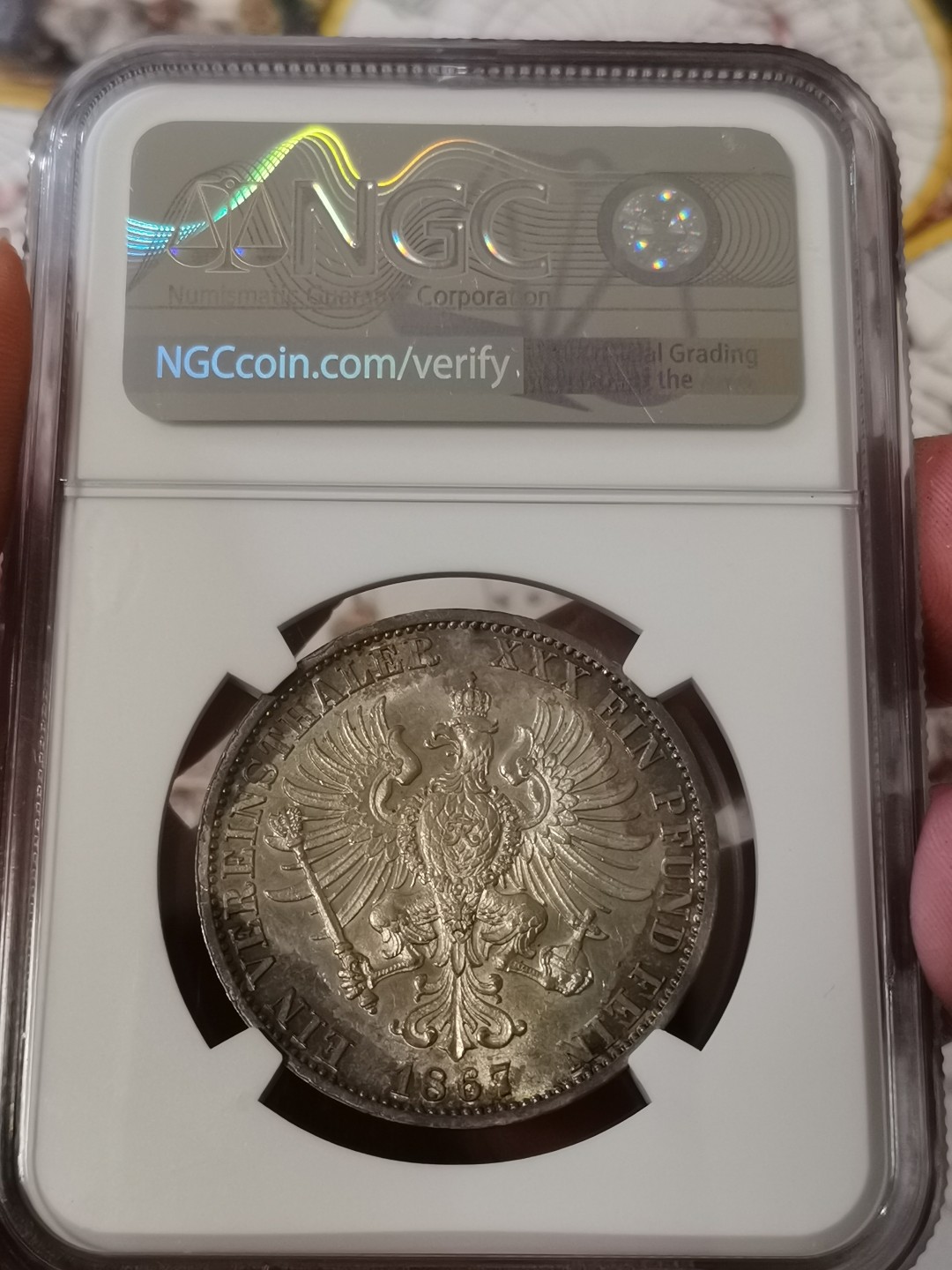 橡树集藏-006场 海纳百川 ngc-Ms62 1867年普鲁士威廉一世泰勒  正面炫彩包浆 背面斑驳彩鹰 评级数量稀少 实物状态极佳 相当漂亮