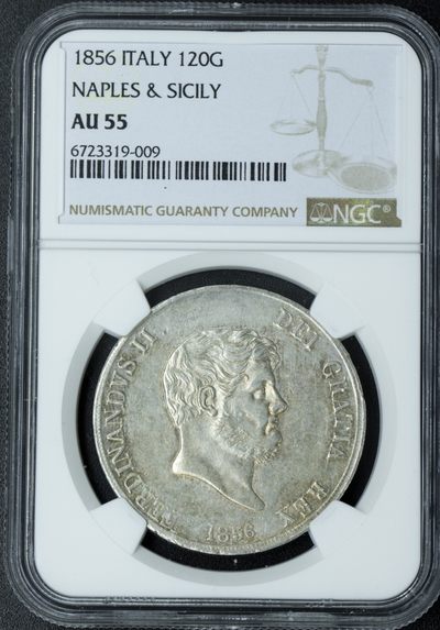 火彩社世界钱币纸钞专题拍卖 无底0佣金 NGC PCGS 法德意瑞评级币 老银币 旧纸钞 - NGC AU55 两西西里王国 1856年 120G银币