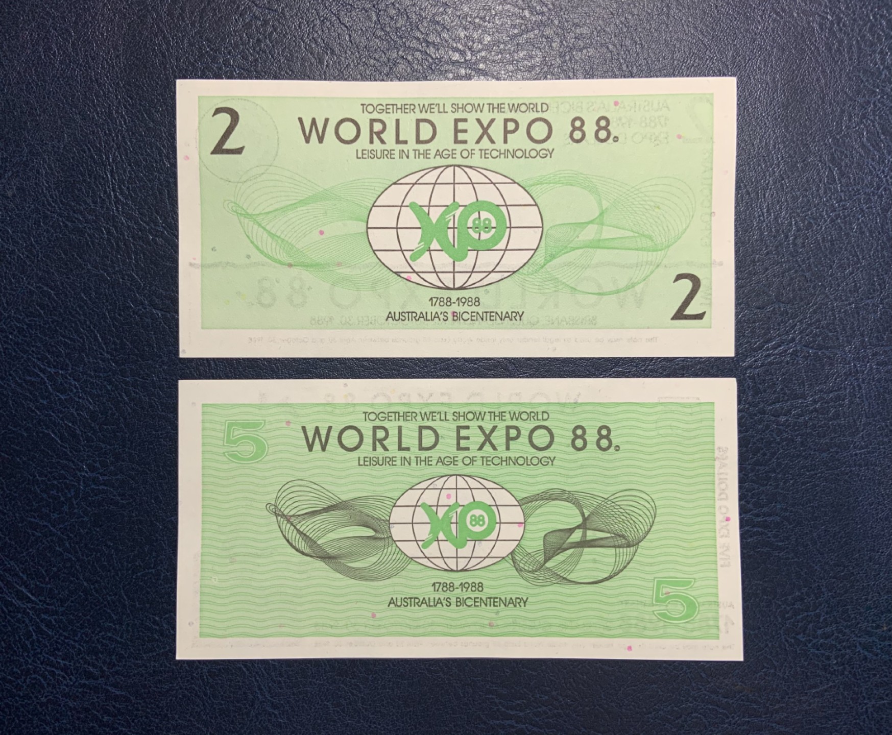 收藏联盟Quantum Auction 第233期拍卖 澳大利亚1988年2和5元布里斯班世博会代金券 品相全新UNC 正面雕刻