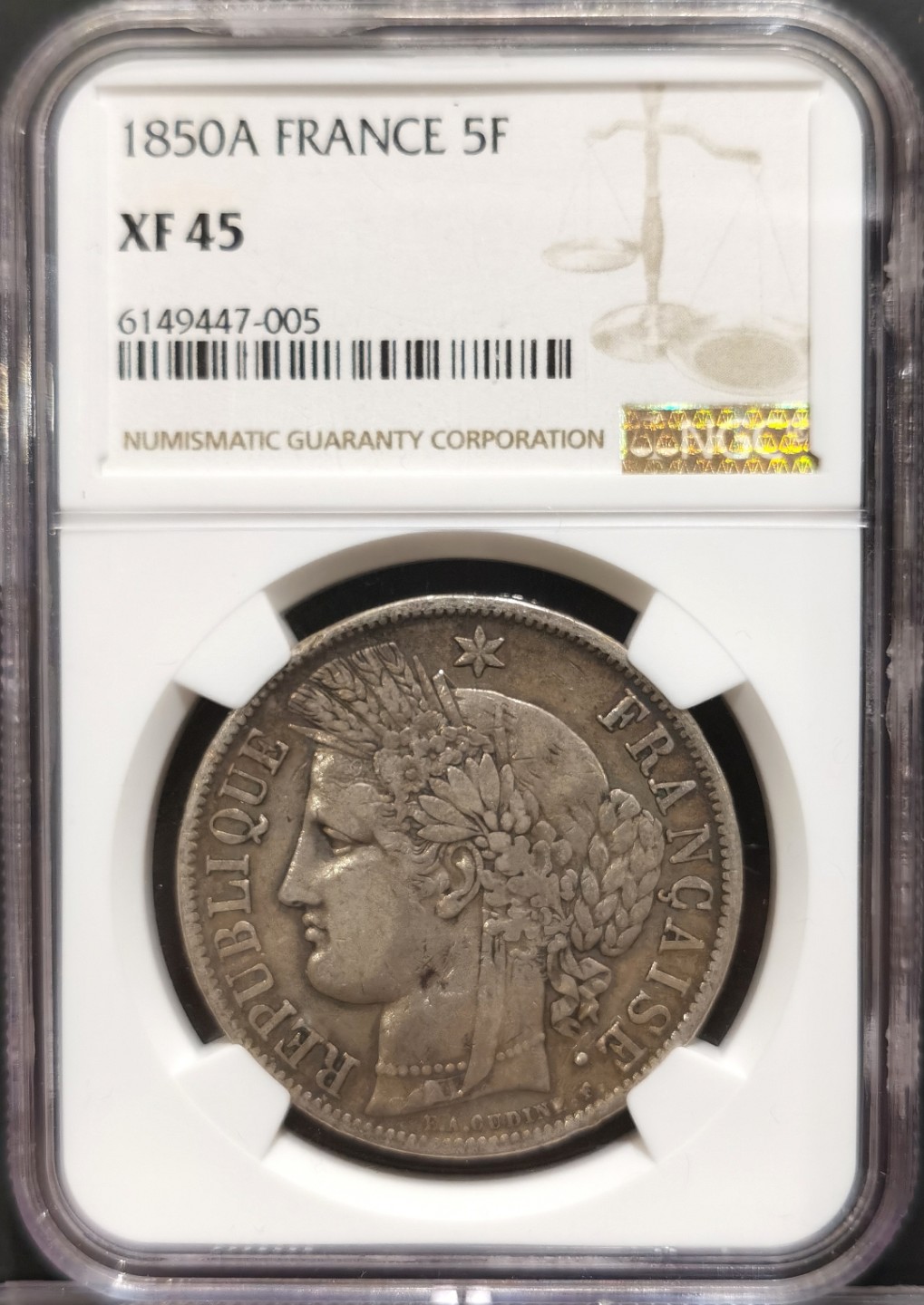 博洋堂世界钱币拍卖第016期（全场包邮） NGC XF45 法国1850年谷物女神5里拉 原汁原味 性价比高