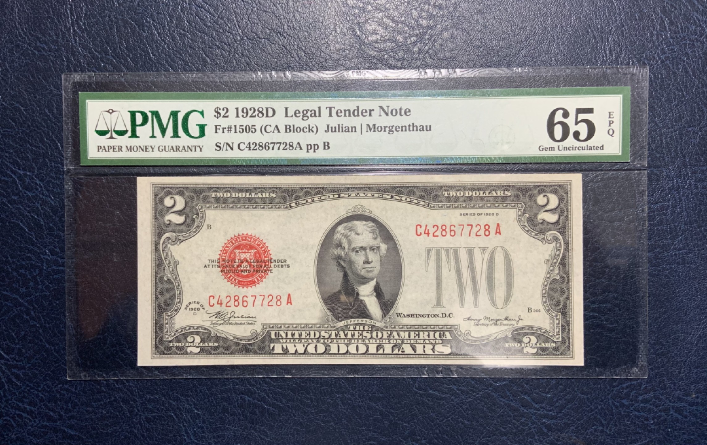 收藏联盟Quantum Auction 第233期拍卖 美国1928年红库印法币券2元 PMG65