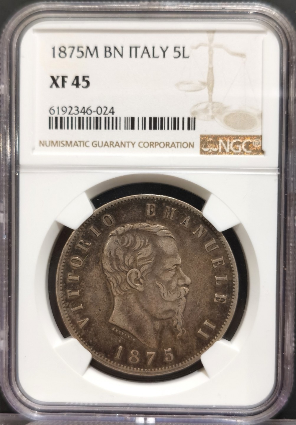 博洋堂世界钱币拍卖第016期（全场包邮） NGC XF45 意大利1875年包浆5里拉 可把玩可收藏 味道好极了