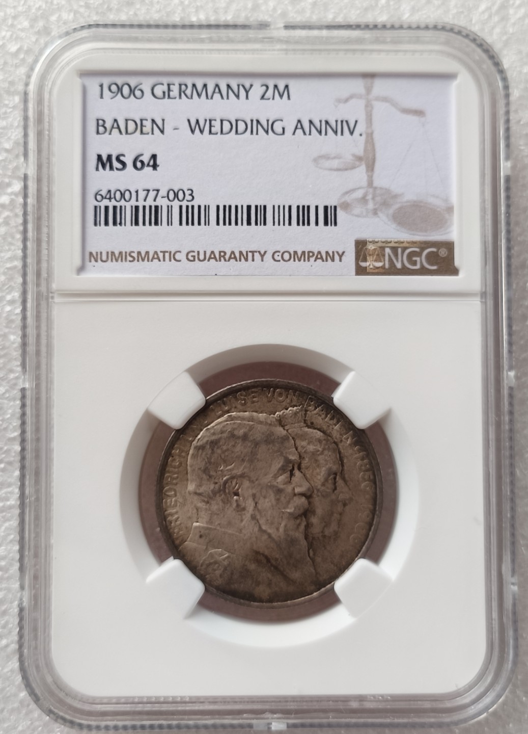 瓶子🏺第79期拍卖会 德国巴登1906年2马克金婚纪念银币NGC MS64