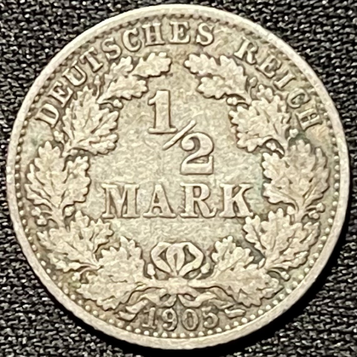紫瑗钱币——第262期拍卖 德国 1905年 A版 第二帝国 1/2马克 2.77克 0.9银