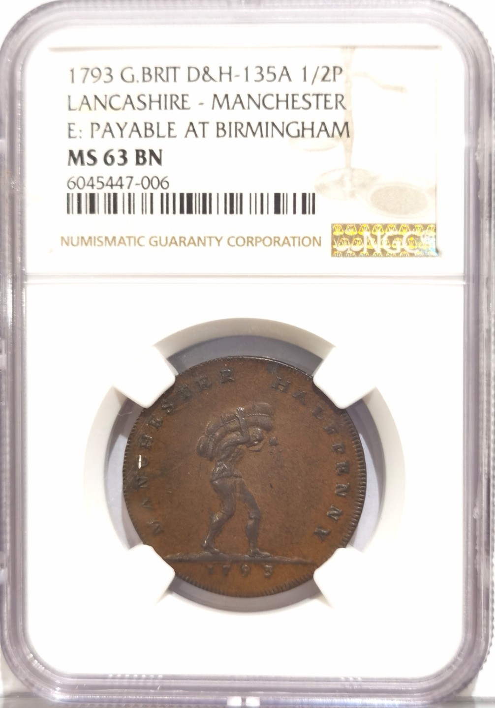 博洋堂世界钱币拍卖第016期（全场包邮） NGC MS63BN 英国1793年曼切斯特兰开夏郡1/2便士TOKEN 冠军分 巧克力包浆