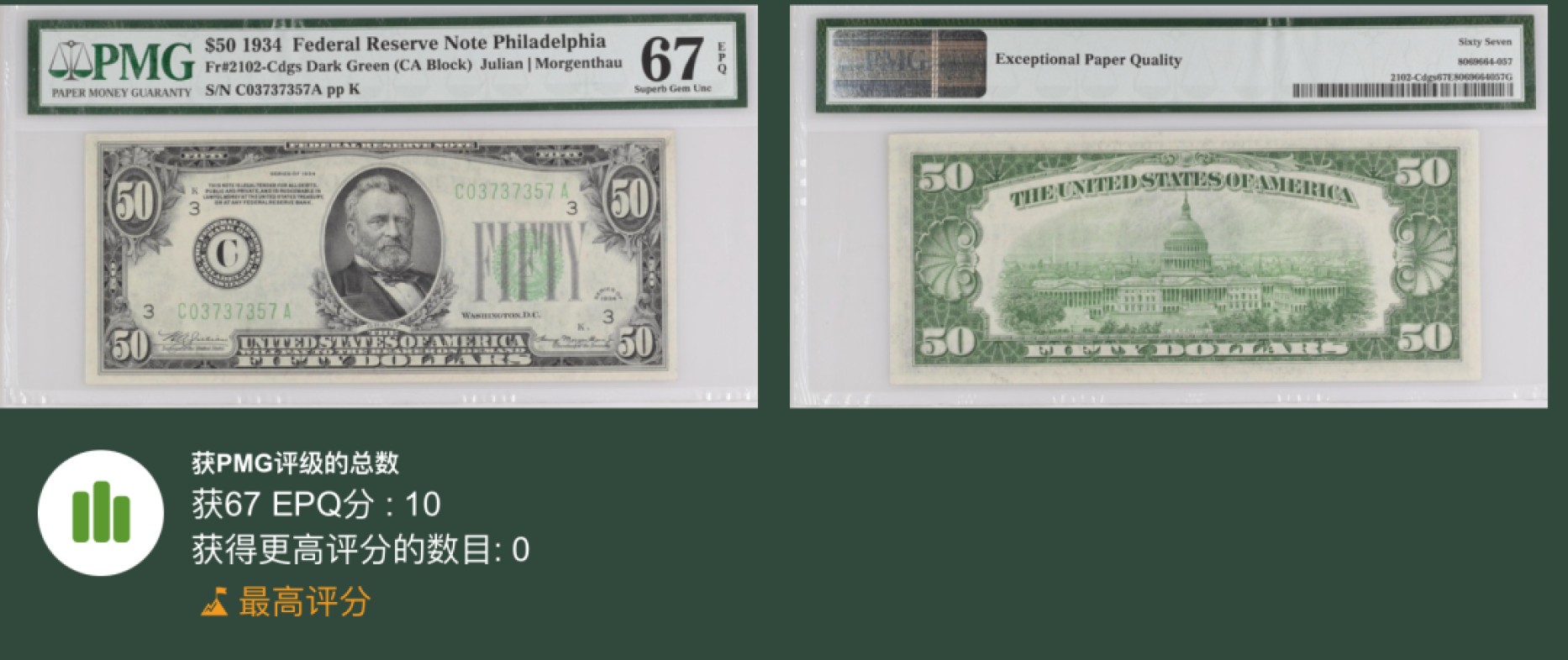 收藏联盟Quantum Auction 第233期拍卖 美国联邦1934年50元 PMG67 冠军分