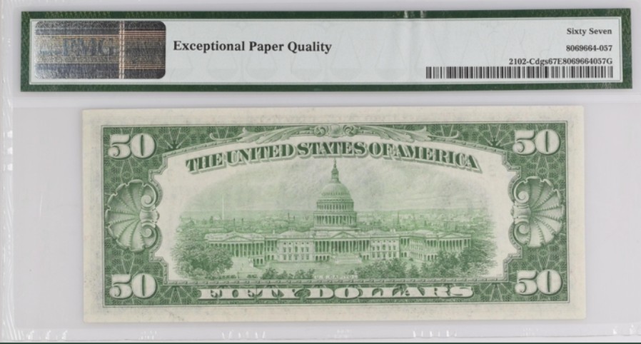收藏联盟Quantum Auction 第233期拍卖 美国联邦1934年50元 PMG67 冠军分