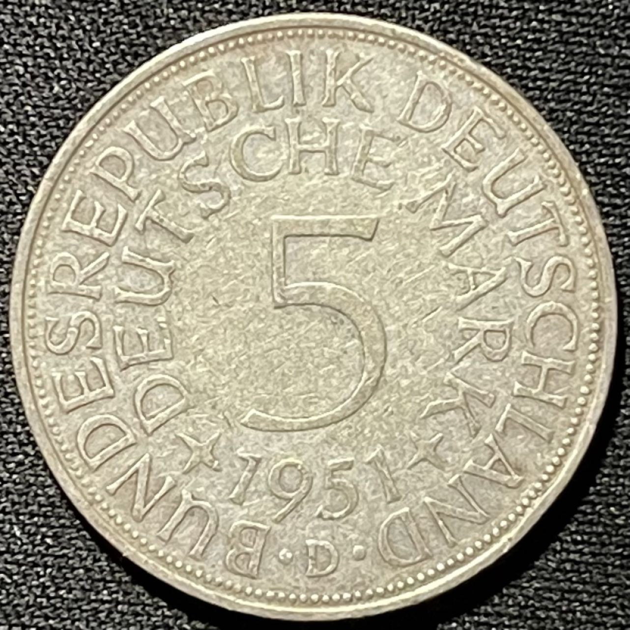 紫瑗钱币——第262期拍卖 联邦德国 1951年 D厂 流通 5马克 11.2 0.625银