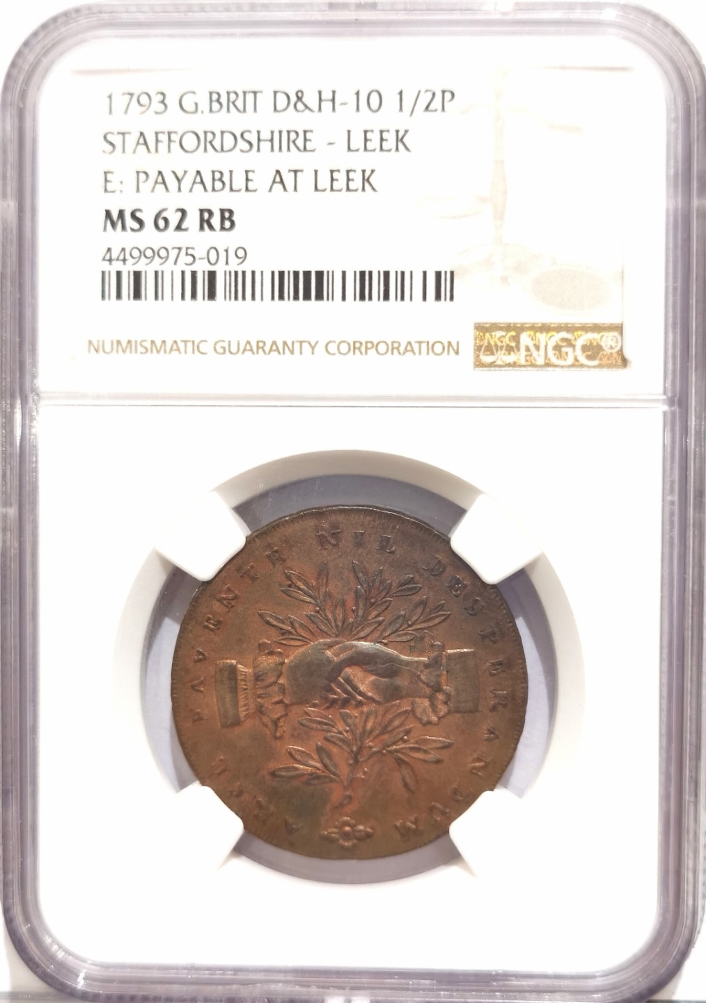 博洋堂世界钱币拍卖第016期（全场包邮） NGC MS62RB 英国1793年斯塔福德郡1/2便士TOKEN 亚军分 康德代币名品