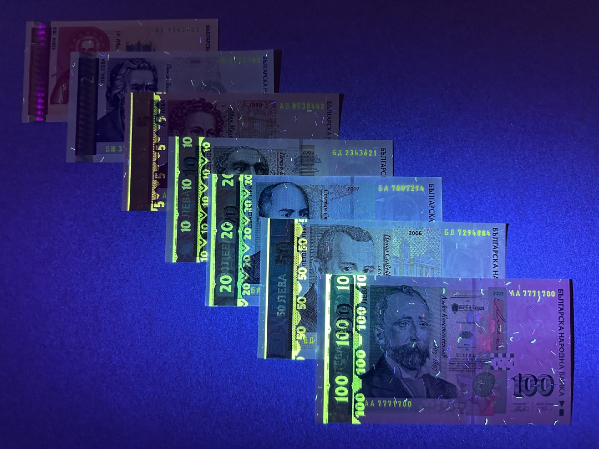 《张总收藏》90期——浓缩外币精品场 保加利亚1、2、5、10、20、50、100列弗大全套7张 UNC 1999-2003年版本