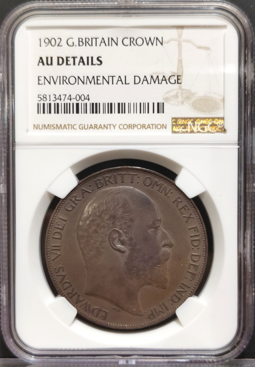 博洋堂世界钱币拍卖第016期（全场包邮） NGC AU 英国1902年爱七马剑克朗 当国币的大老黑遇上爱七马剑 黑武士+黑马 该枚包浆醇厚均匀 细节动人 高点俱在