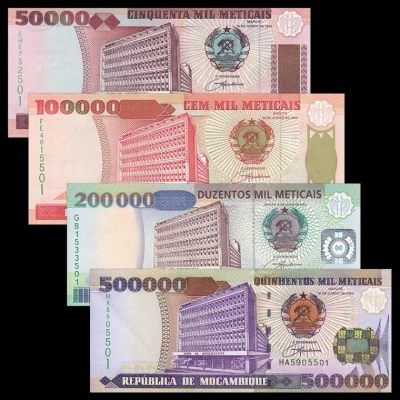 世界钱币收藏总仓 - 全新 莫桑比克4枚/张(50000-500000梅蒂卡尔)纸币套币 