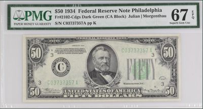收藏联盟Quantum Auction 第233期拍卖 - 美国联邦1934年50元 PMG67 冠军分