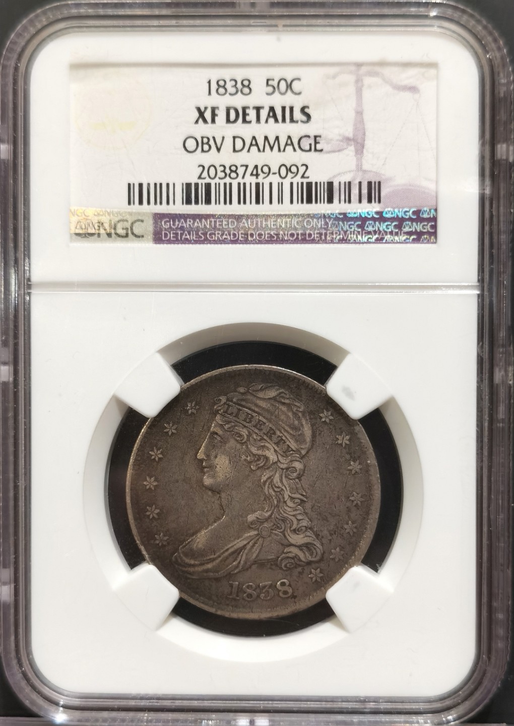 博洋堂世界钱币拍卖第016期（全场包邮） NGC XF 美国1838年早期长发半圆 少且贵的品种 发行量仅83万枚1838年为关门年份 NGC紫标 两面灰黑包浆 状态好