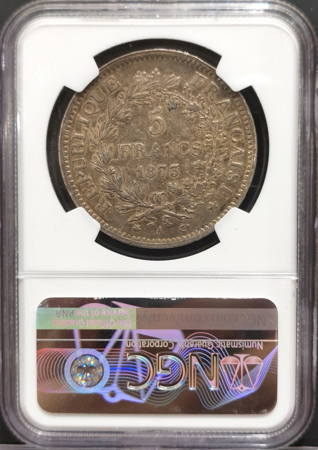 博洋堂世界钱币拍卖第016期（全场包邮） NGC AU58 法国1873年五彩大力神 分一般 彩很棒 人像面蓝月牙彩 背面金灰满彩