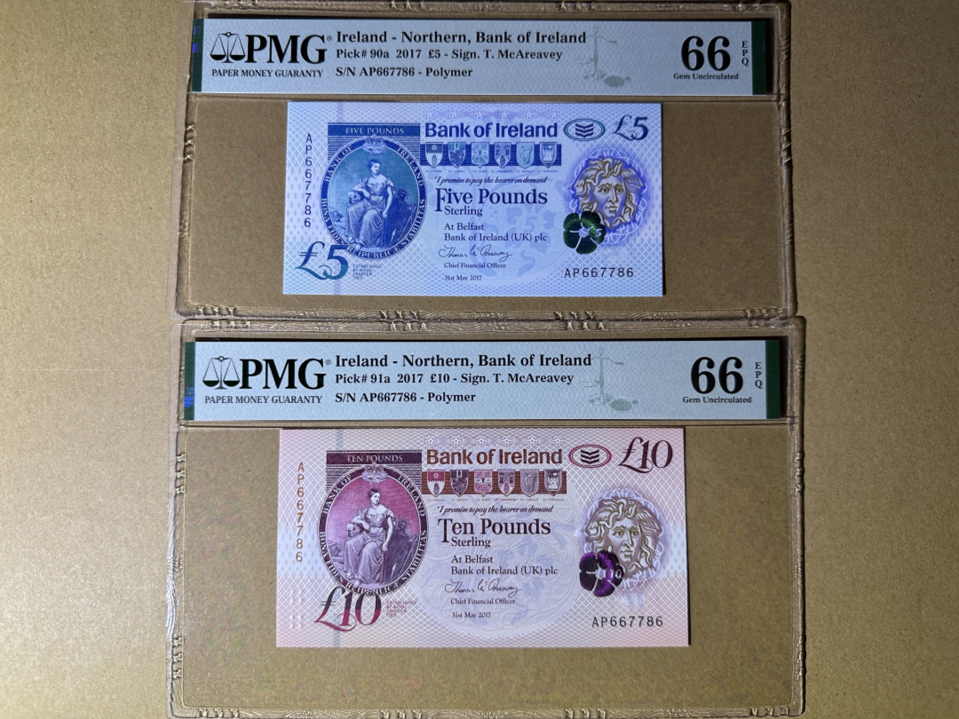 《张总收藏》90期——浓缩外币精品场 北爱尔兰5、10镑全同号2张 PMG66E 2017年全同号 爱尔兰银行