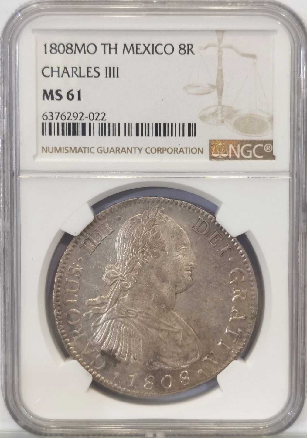 博洋堂世界钱币拍卖第016期（全场包邮） NGC MS61  墨西哥卡洛斯四世双柱 MO 1808 8里亚尔  淡灰色包浆  目前价值洼地 少数几个底部的老银币