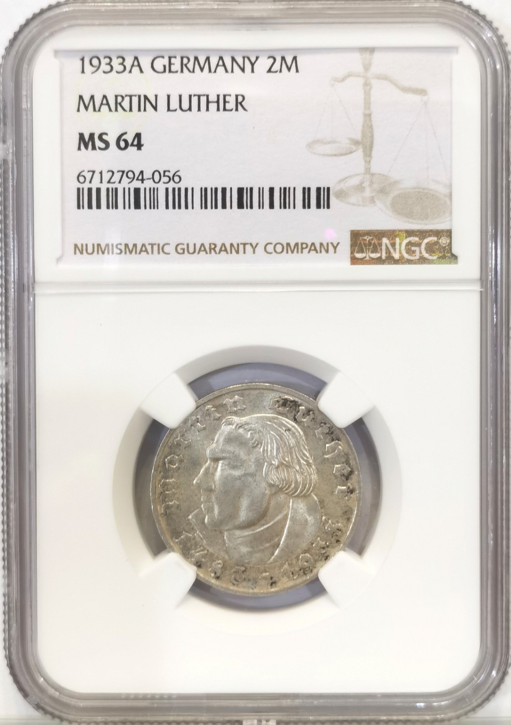 博洋堂世界钱币拍卖第016期（全场包邮） NGC MS64 德国第三帝国1933年A版马丁路德2马克纪念银币