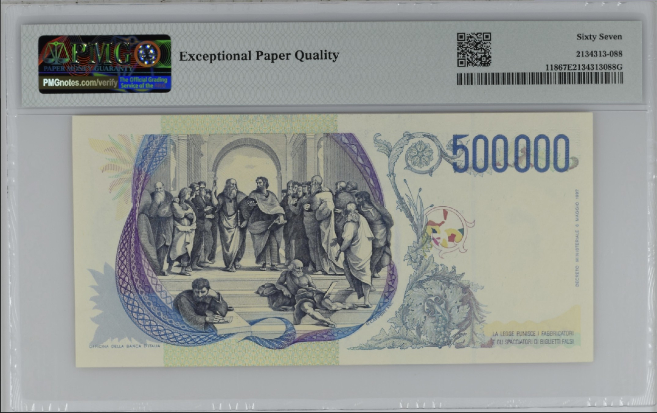 《张总收藏》90期——浓缩外币精品场 意大利500000里拉 PMG67E高分 1997年末版 意大利画家拉斐尔 