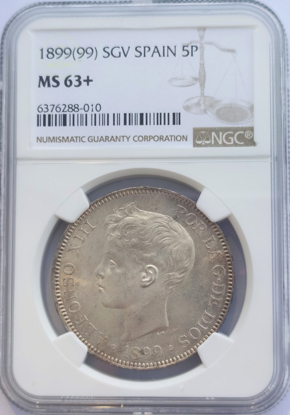 博洋堂世界钱币拍卖第016期（全场包邮） NGC MS63+  西班牙阿方索小孩头 1899  5比索 车轮光 黄油彩