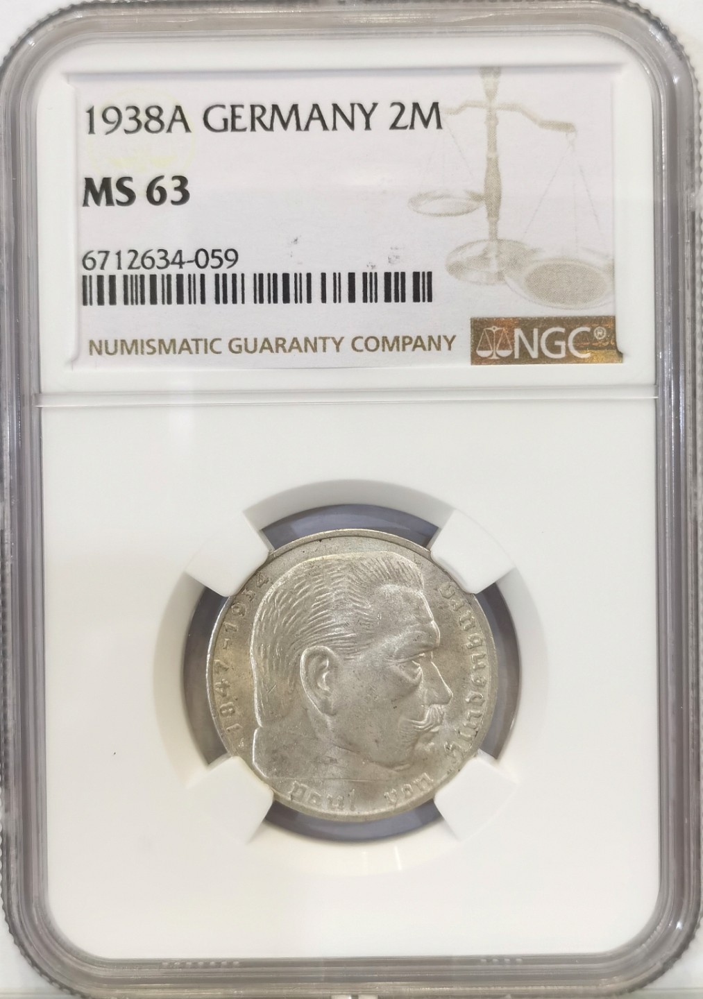 博洋堂世界钱币拍卖第016期（全场包邮） NGC MS63 德国第三帝国1938年A版兴登堡2马克银币