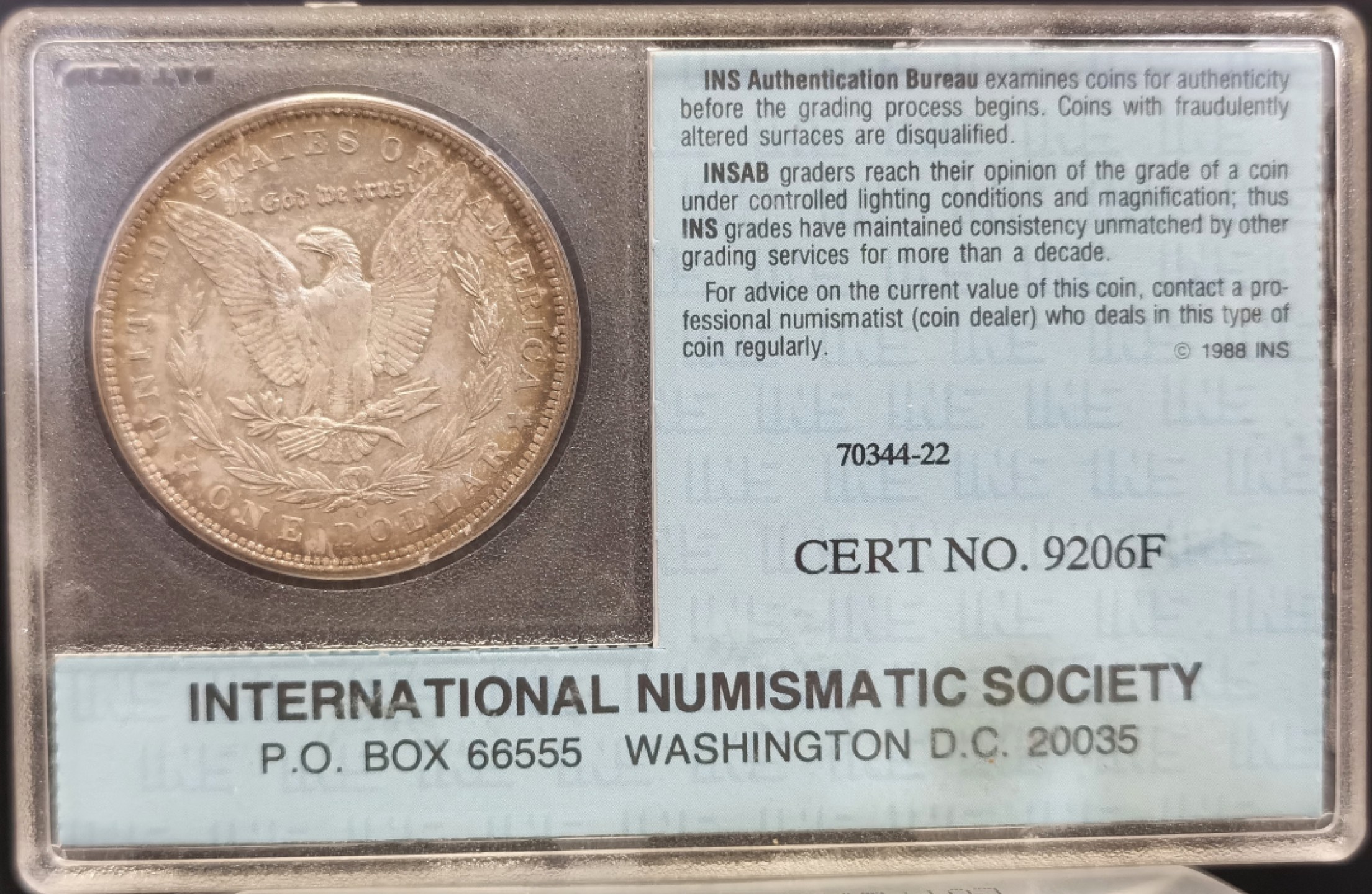 博洋堂世界钱币拍卖第016期（全场包邮） INS MS65 美国1904年O厂好彩摩根 女神面淡紫满彩挂金月牙彩 鹰面银灰彩 圈边金环彩 底板镜面 INS为美国早期评级公司 盒子都是收藏品