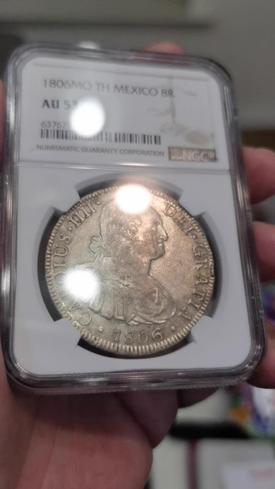 博洋堂世界钱币拍卖第016期（全场包邮） NGC AU53  墨西哥卡洛斯四世双柱 MO 1806 8里亚尔  淡灰色包浆 有点低评 目前价值洼地 少数几个底部的老银币