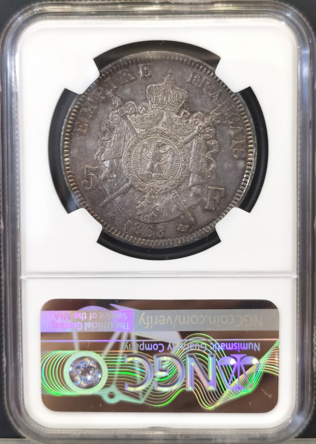 博洋堂世界钱币拍卖第016期（全场包邮） NGC AU53 1868年BB版法国拿破仑三世5法郎银币 原汁原味老包浆