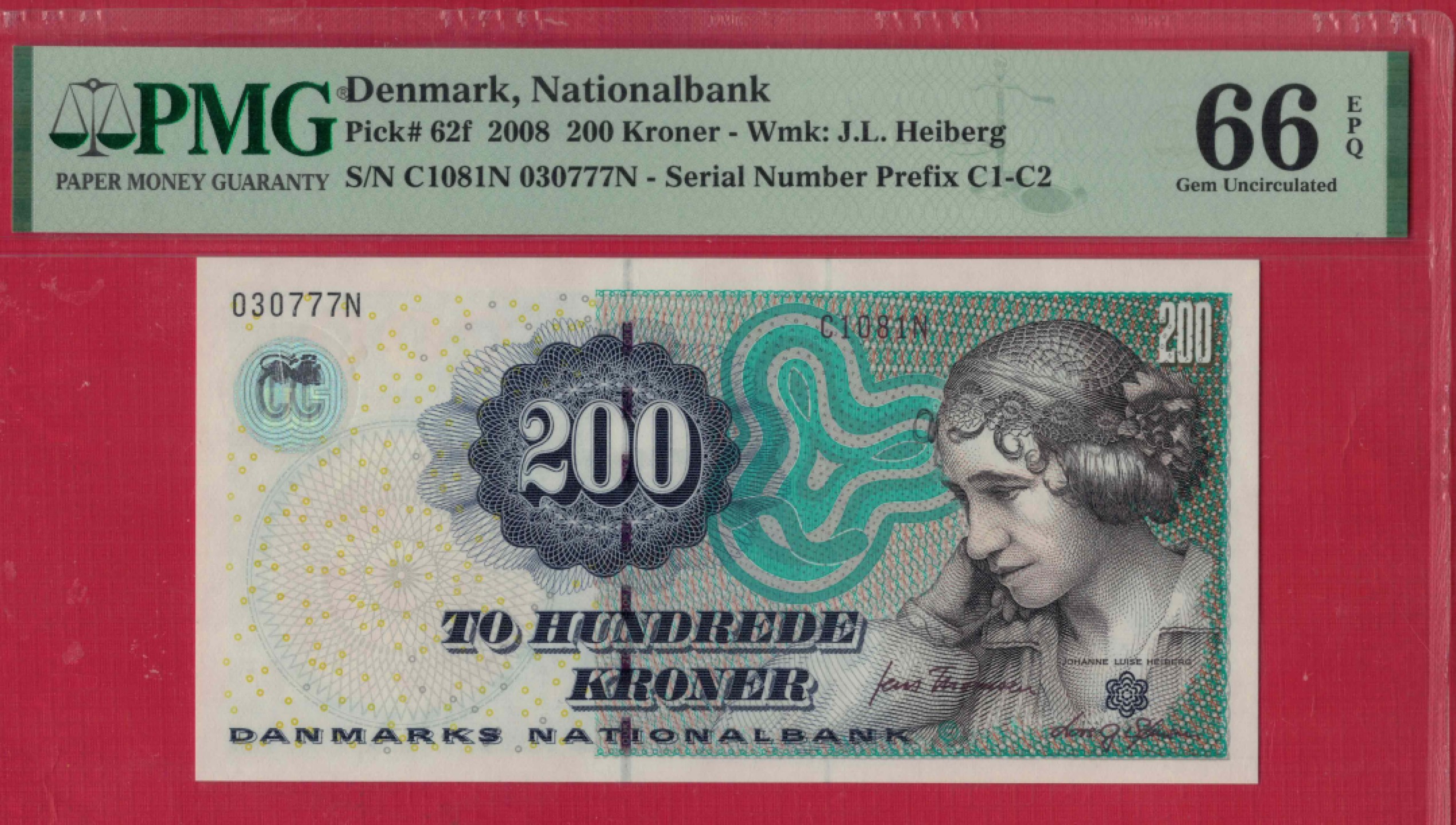 丹麦200克朗 2008年 P-62f 777豹子号 欧洲纸币 实物图 UNC