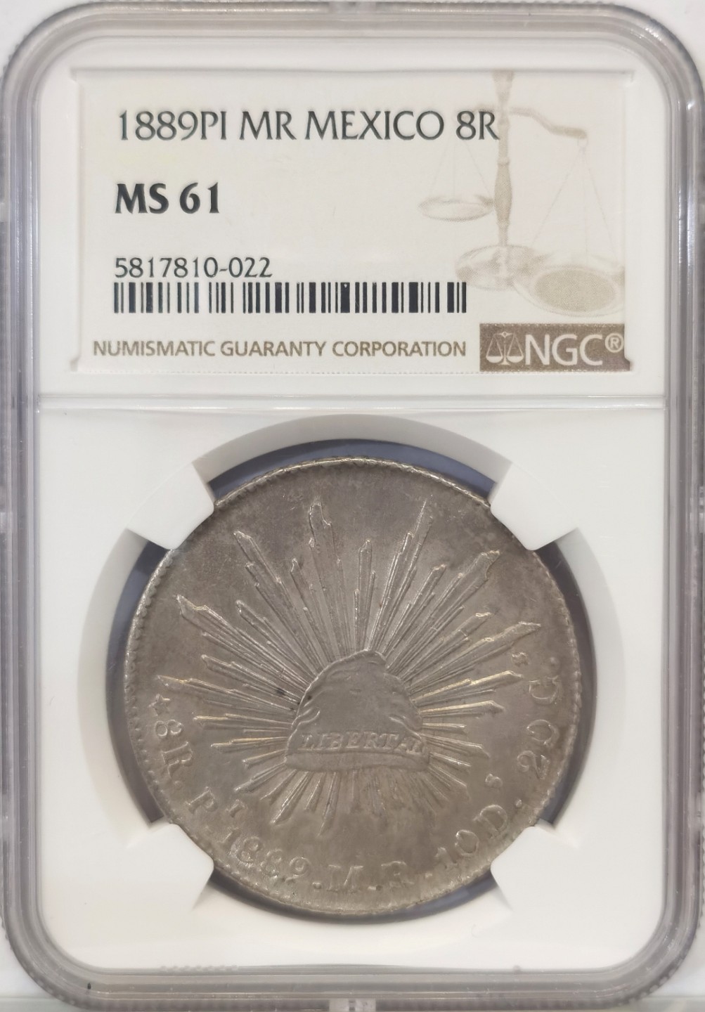 博洋堂世界钱币拍卖第016期（全场包邮） NGC MS61  墨西哥 花边鹰洋  圣路斯波多西 Pi 1889  8里亚尔 老包浆  低评 性价比好