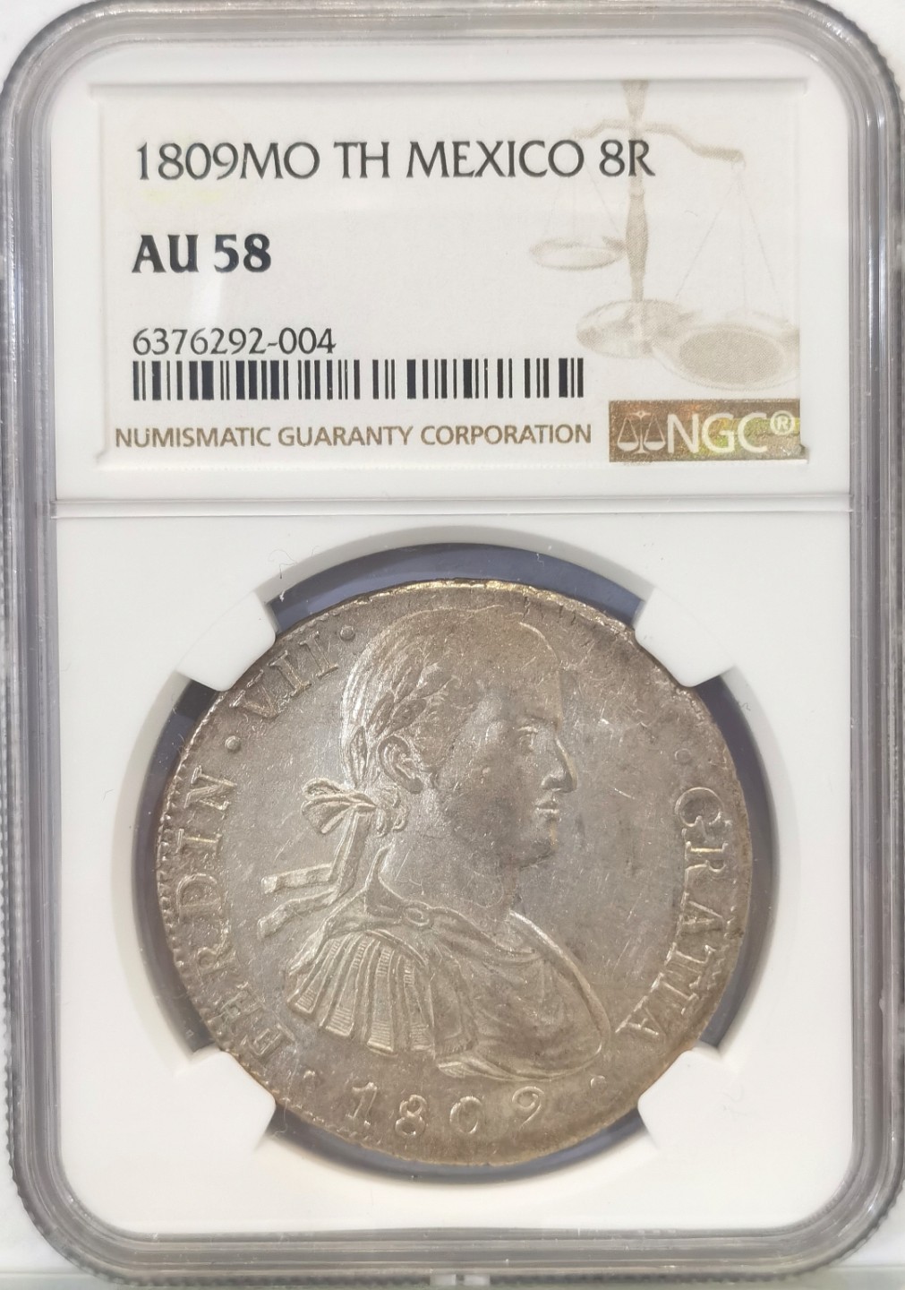 博洋堂世界钱币拍卖第016期（全场包邮） NGC AU58  墨西哥费迪南七世过渡双柱 MO 1809 8里亚尔 高光底板好 有点低评 目前价值洼地