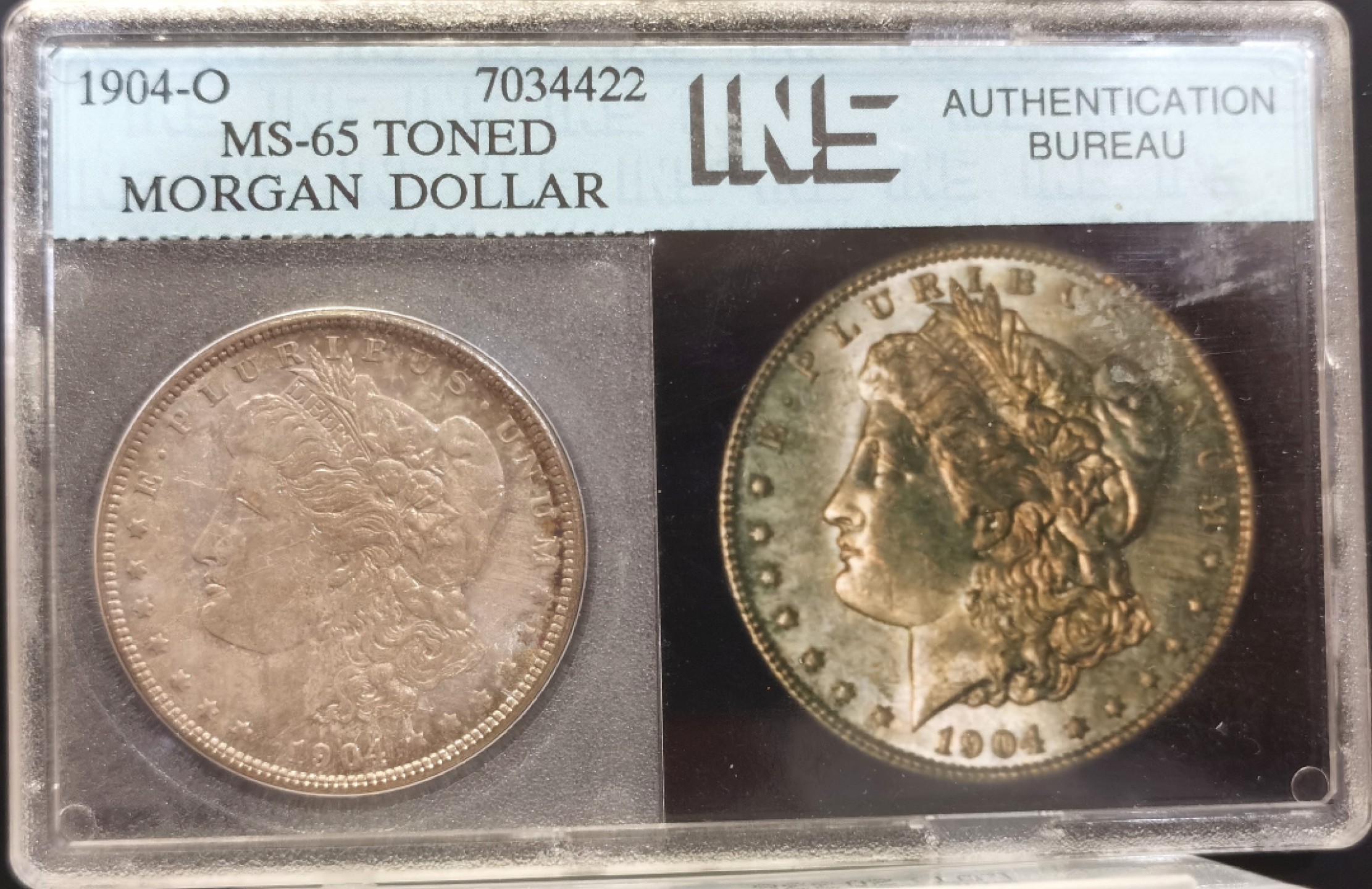 博洋堂世界钱币拍卖第016期（全场包邮） INS MS65 美国1904年O厂好彩摩根 女神面淡紫满彩挂金月牙彩 鹰面银灰彩 圈边金环彩 底板镜面 INS为美国早期评级公司 盒子都是收藏品